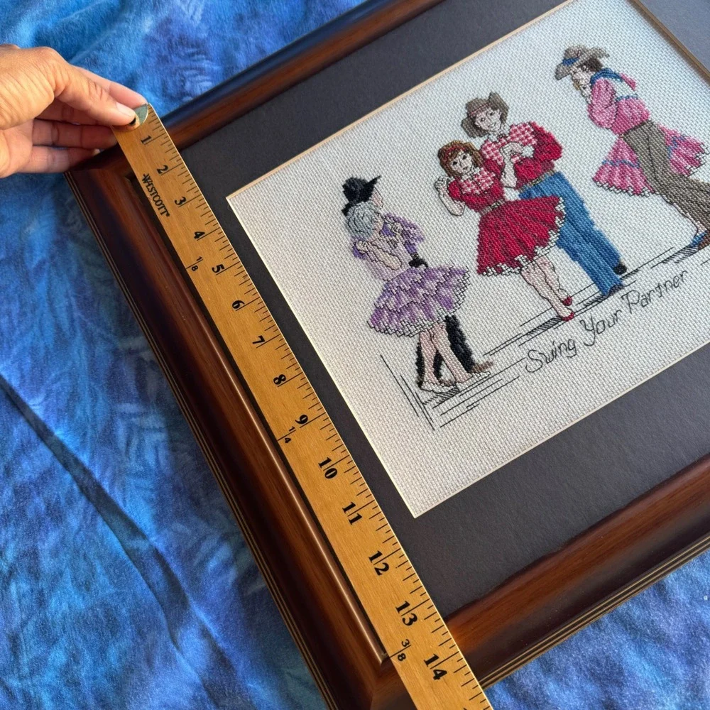 Vintage Square Dance Cross Stitch Framed Art country western Swing Your Partner